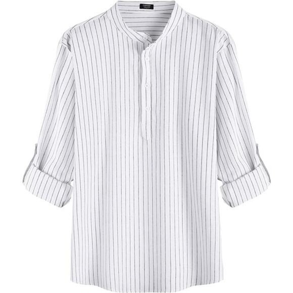 Men's Cotton Linen Henley Shirt Long Sleeve Hippie Casual Beach T Shirts - Picture 2 of 7